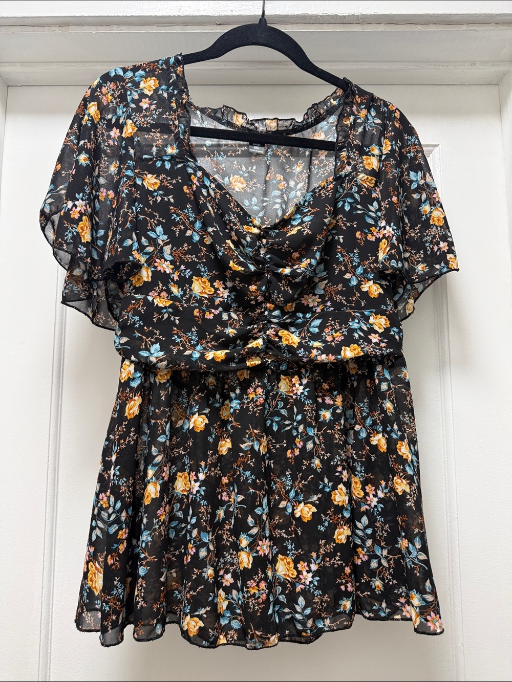 Black Floral Flutter Sleeve Blouse with Yellow & Blue Flowers